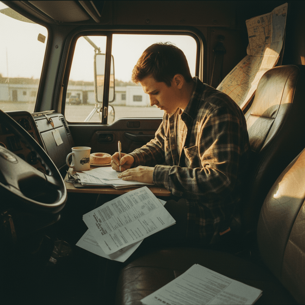 Person filling out paperwork at a small desk inside a truck cab in morning light