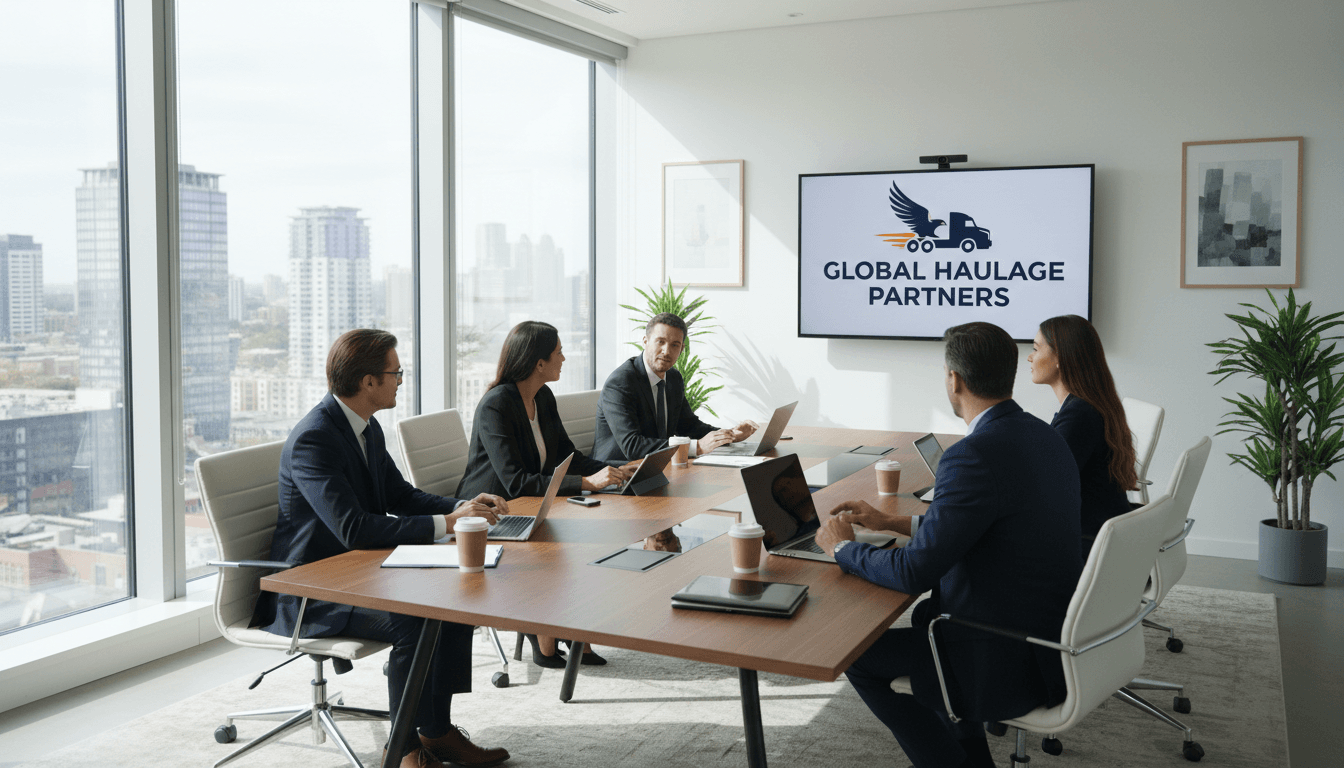 Professional trucking company partners meeting in modern office with natural lighting