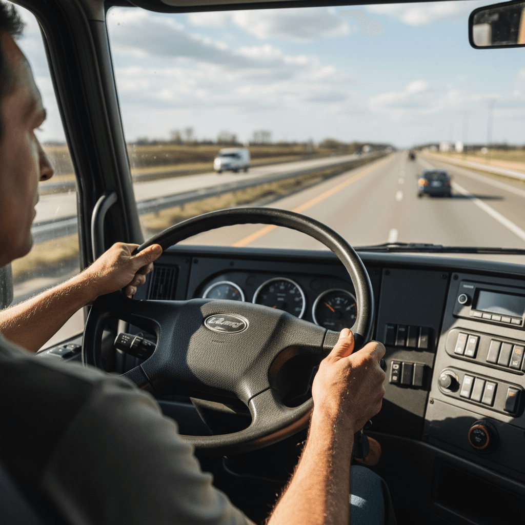 Professional truck driver operating semi-truck on open highway