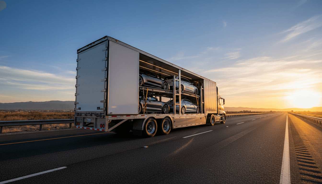 Enclosed auto transport carrier loaded with multiple vehicles driving on open highway during golden hour