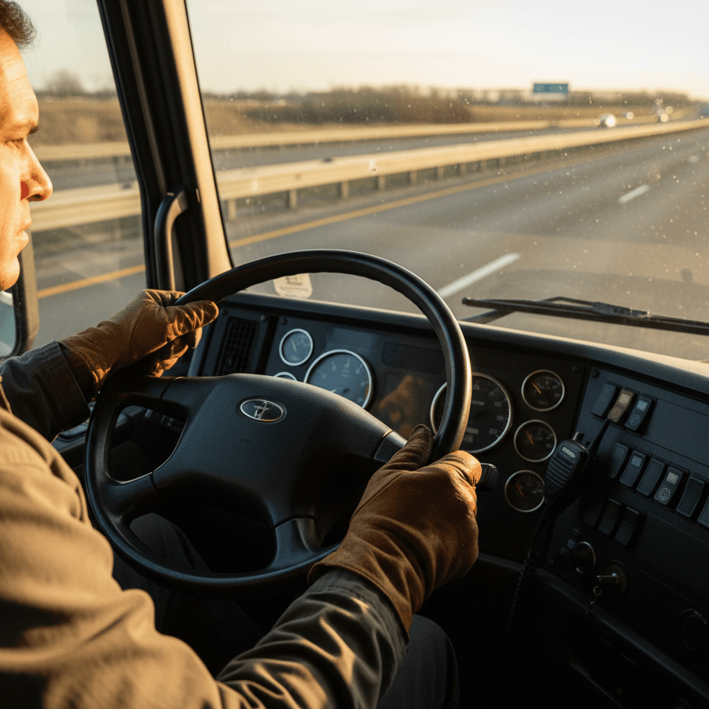 Truck driver operating commercial vehicle on open highway